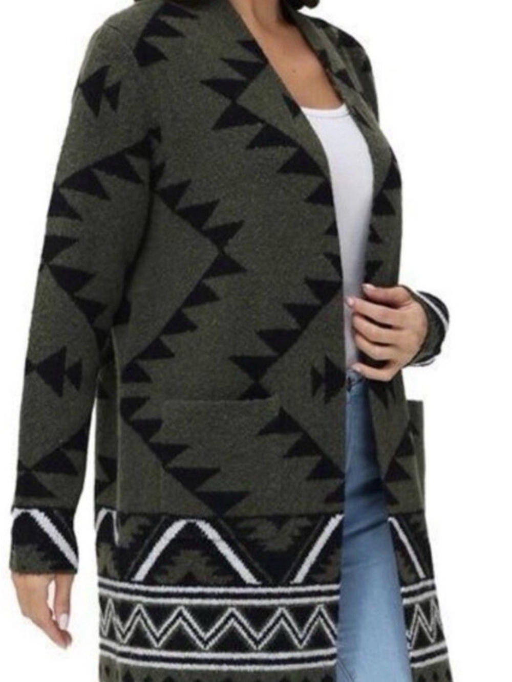Frye Olive Green and Black Aztec Open-Front Cardigan